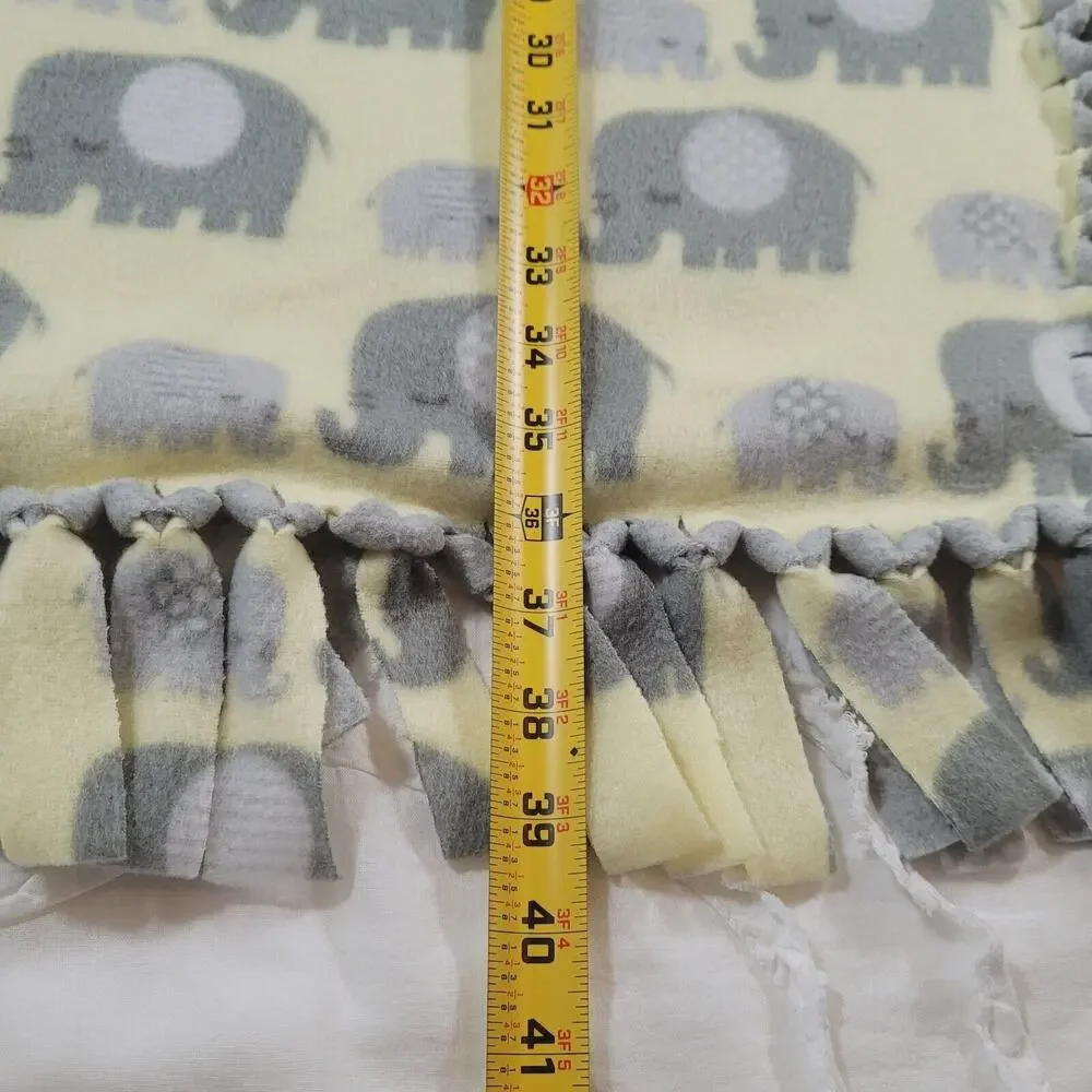 Elephant Baby Blanket Yellow No Sew Tie Knot Fringe Handmade Reversible